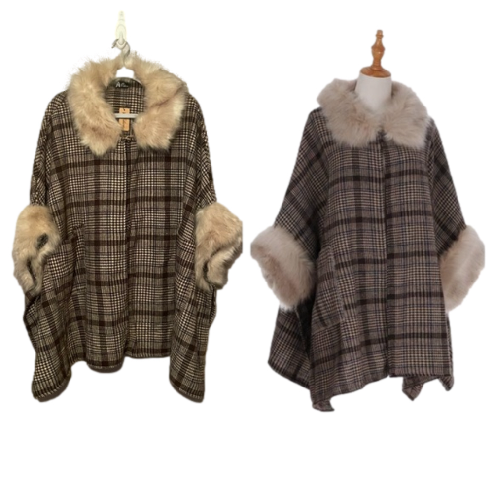 Odiva Women's Brown Tartan Plaid Poncho Cape with Faux Fur